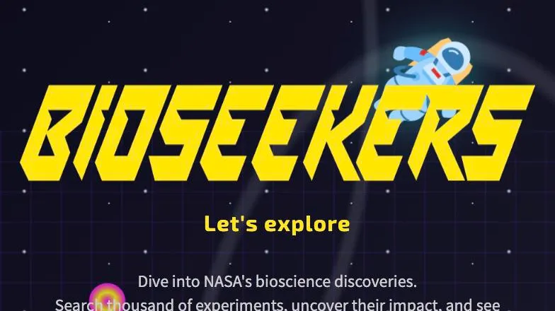 BioSeekers NASA landing page with a space-themed hero and the BioSeekers logo
